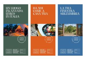 un collage de cuatro carteles diferentes con una tienda de campaña en Country House Trevi Umbria Borghetto Vetuliae, en Santa Maria in Valle