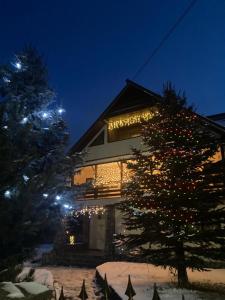Un árbol de Navidad delante de una casa con luces de Navidad en Casa Cris, en Durau