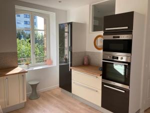 uma cozinha com um frigorífico preto e um fogão em Appartement Villa Medreville em Nancy