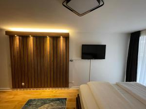 a bedroom with a large wooden door with a flat screen tv at Princess - free parking place in the garage in Belgrade