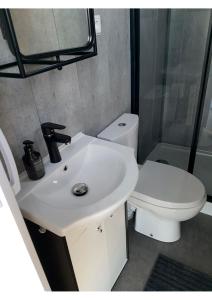 La salle de bains est pourvue d'un lavabo blanc et de toilettes. dans l'établissement Unique Water Stay Tiny Hausboot für 2 Personen, à Zehdenick