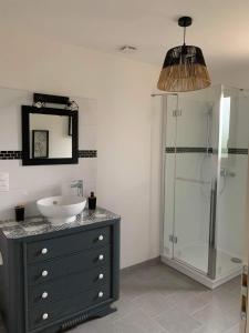 La salle de bains est pourvue d'un lavabo et d'une douche en verre. dans l'établissement Gite Pak'Home maison à la campagne 3 étoiles avec wifi, à Lombray