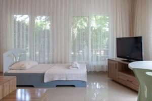 Un dormitorio con una cama y un televisor de pantalla plana. en Dolunay Apart Hotel, en Cıralı