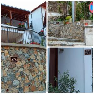 a collage of three pictures with a door and a stone wall at BELLE VUE Mountain Home in Kalopanayiotis