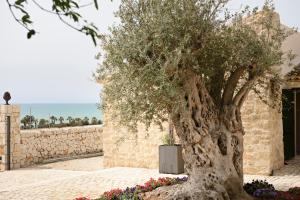 a tree in front of a stone wall with flowers at Poggio Leano Boutique Hotel in Donnalucata