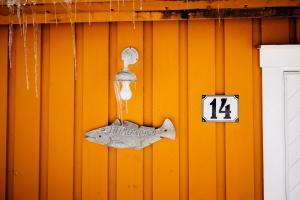 a fish hanging on a wall with a sign on it at Sakrisøy Rorbuer in Reine