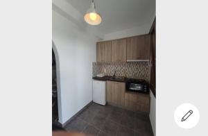 a kitchen with wooden cabinets and a white refrigerator at Marianthi Studios in Áno Meriá