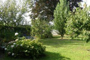 a garden with trees and flowers in the grass at Les2 cerisiers in Pontorson