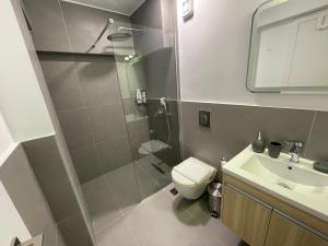 ein Bad mit einer Dusche, einem WC und einem Waschbecken in der Unterkunft Nala's Apartment II in Nafplio