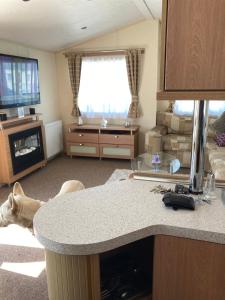 a kitchen with a counter and a living room at Caravan Skegness GB 148 in Chapel Saint Leonards