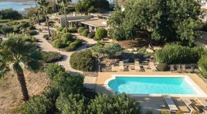 - une vue sur la piscine bordée de chaises et d'arbres dans l'établissement Casa da Ria, à Tavira