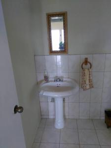 a bathroom with a white sink and a mirror at Remarkable 2-Bed Villa in Fair Prospect Sea View in Port Antonio