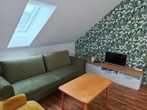 salon z zieloną kanapą i stołem w obiekcie gemütliche Wohnung in Hohenems w mieście Hohenems
