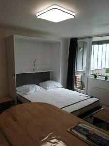 a bedroom with a bed and a large window at Studio avec balcon et vue sur le Sancy in Le Mont-Dore