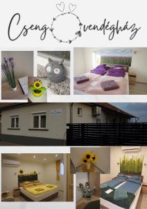 eine Collage mit Fotos eines Schlafzimmers mit Blumen in der Unterkunft Csengő Vendégház in Kiskőrös