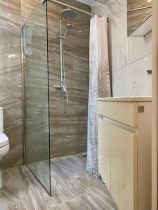 uma casa de banho com um chuveiro, um lavatório e um WC. em Sliema, Stylish 1 Bedroom Apartment with Parking. em Sliema