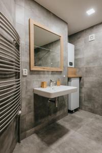 ein Bad mit einem Waschbecken und einem Spiegel in der Unterkunft Apartmány Strážnice in Strážnice