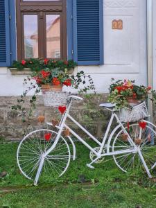 a white bike parked in front of a house with flowers at Spalettás Porta - Vidéki Vendégház in Őrtilos