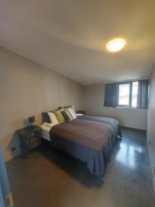 a bedroom with a large bed and a window at Skjálfandi in Húsavík