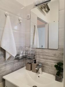 a bathroom with a sink and a mirror at Apartman Maki in Sombor