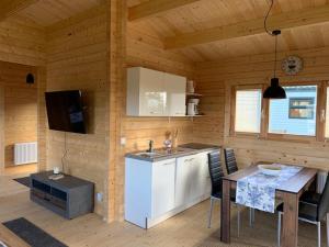 a kitchen and dining room with a table in a cabin at Ferienhaus Tollensesee in Groß Nemerow