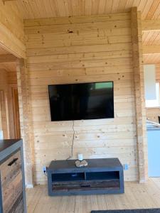 a living room with a wall with a flat screen tv at Ferienhaus Tollensesee in Groß Nemerow