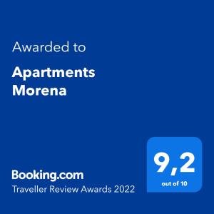 a blue text box with the words upgraded to apartments moranca at Apartments Morena in Rakalj