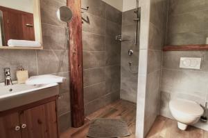 a bathroom with a shower and a toilet and a sink at Alpenhaus Monte Bike & Hike in Neustift im Stubaital