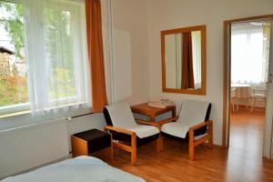 1 dormitorio con 2 sillas, mesa y espejo en Vila Daniela, en Karlovy Vary