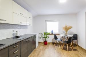 - une cuisine avec une table et des chaises dans la chambre dans l'établissement APARTAMENTY W BIESZCZADACH, à Berezka