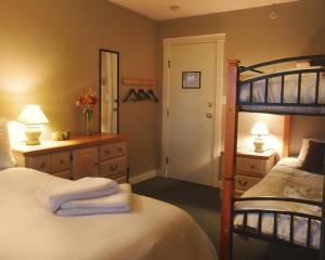 1 dormitorio con 1 cama y 1 litera con espejo en Painted Turtle Guesthouse en Nanaimo