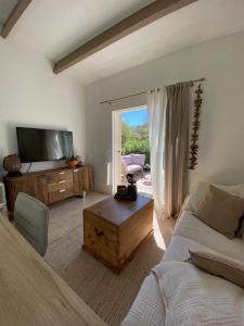 a bedroom with a bed and a tv and a couch at Duplex FACE AU LAC à 600 mètres de la mer in Six-Fours-les-Plages
