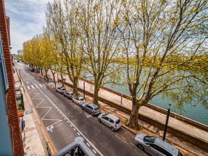 Une rangée de voitures garées dans une rue à côté d'une rivière dans l'établissement 404 · Wonder Appart - Vue Garonne -, à Toulouse