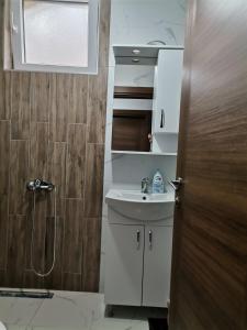 La salle de bains est pourvue d'un lavabo blanc et d'une douche. dans l'établissement Villa Grkasha, à Ohrid