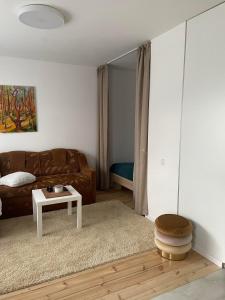 - un salon avec un canapé et une table dans l'établissement Atostogos, à Anykščiai