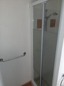 a shower with a glass door in a bathroom at Agréable appartement avec balcon dans résidence calme in Cauterets
