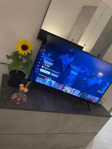 a flat screen tv sitting on a table with a sunflower at ANGEL ROOM in Cagliari