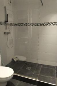 La salle de bains est pourvue d'une douche et de toilettes. dans l'établissement Appartement Cosy et Moderne Puteaux Paris La Defense, à Puteaux