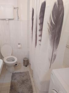 a bathroom with a toilet and feathers on the shower curtain at Dunavska panorama in Golubac