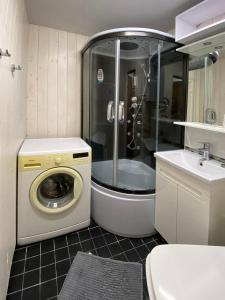 a bathroom with a shower and a washing machine at Mandarin Restoran & Hostel in Haapsalu