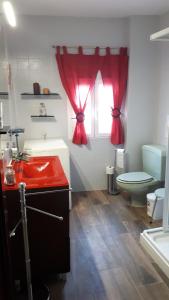 a bathroom with a red sink and a toilet at Casa Rural Lunares y Salinera in Albanchez de Magina +16 photos