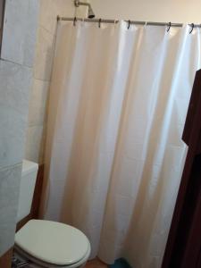 y baño con aseo y cortina de ducha. en Departamento Güemes en San Luis