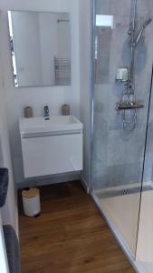 een badkamer met een witte wastafel en een douche bij Les loges in Parthenay