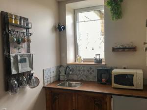 una cocina con fregadero y microondas en una encimera en "La chambre des TISSERANDS" en Ménil-Hubert-sur-Orne