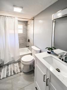 Baño blanco con aseo y lavamanos en Sarasota Modern, Spacious, Comfy, Queen Beds, Backyard Rental, en Sarasota
