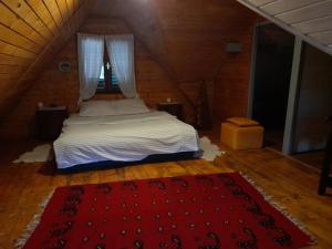 een slaapkamer met een bed en een rood tapijt bij Drinska Tajna in Bajina Bašta