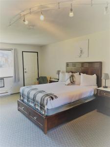 ein Schlafzimmer mit einem großen Bett und einem Fenster in der Unterkunft Christina Lake Motel and RV Park in Christina