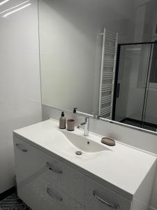a bathroom with a white sink and a mirror at Wolności 18 in Częstochowa
