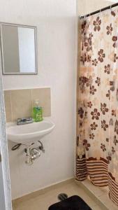 y baño con lavabo, espejo y cortina de ducha. en Casa en Cancún, en Cancún