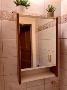 un espejo en un baño con dos macetas en POSADA DE KARMEL en Maipú